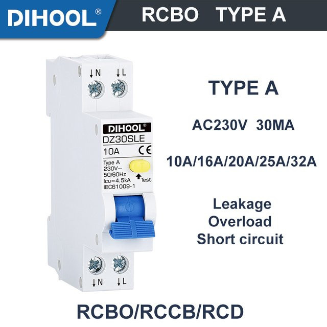Dihool RCBO Fehlerstrom-Leistungsschalter Typ A 30 mA B/C-Kurve 1P+N Auslaufschutz 8,0 A - Bild 1