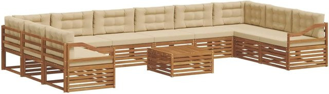 vidaXL Sofagarnitur aus Massivholz Akazie in Natur und Beige, 11-teiliges U-Shape Set mit Polsterung und Kissen - Bild 1