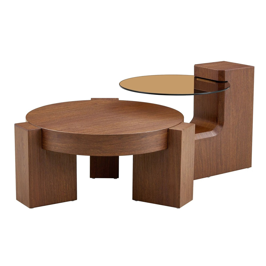okwish Beistelltisch mit zwei Ebenen und Glasplatte in Marmoroptik, rund, Braun, B: 75 cm, T: 75 cm, H: 34 cm - Bild 2