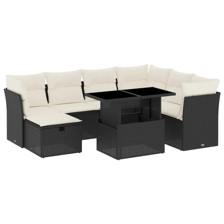 vidaXL 8-tlg Garten-Sofagarnitur in L-Form mit Kissen und Couchtisch, Schwarz, Poly-Rattan und Metall - Bild 2