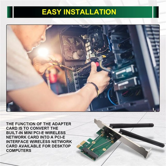 Drahtlose WLAN-Karte Mini-PCI-E-Express-zu-PCI-E-Adapter mit 2 externen Antennen in Grün für deinen PC - Bild 1