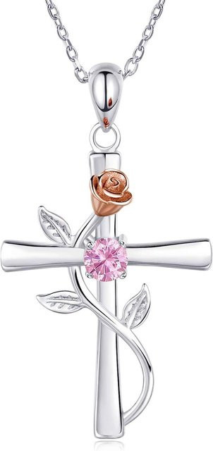 POMOiii Halskette Kreuz Rose, Kupfer, Zirkonia, Kristall, Damen - Bild 1
