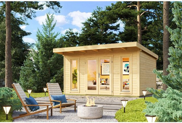 Lasita Blockbohlenhaus Sicily Gartenhaus mit Vordach, Unbehandelt, braun, B/H/T: 430 x 228 x 440 cm - Bild 1