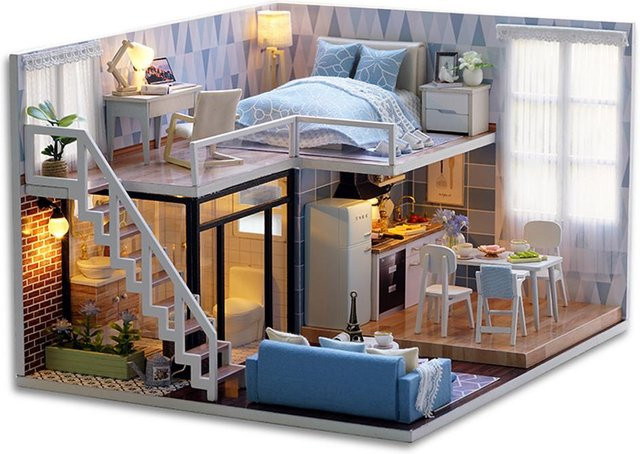 Koogeelife DIY Miniatur-Loft-Puppenhaus-Bausatz aus Holz mit LED-Möbeln in Grau - Bild 1