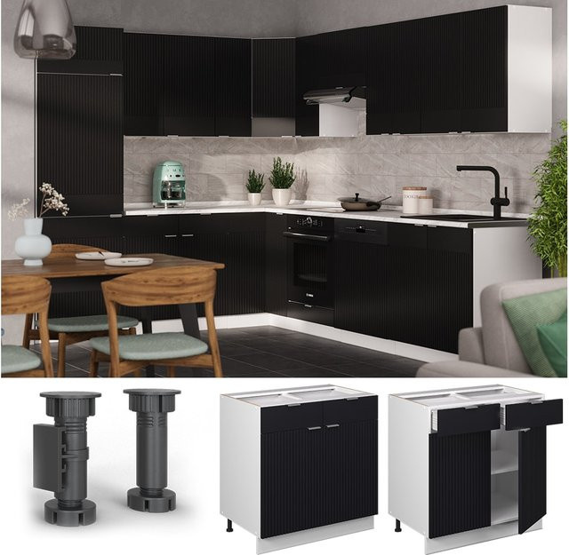 Vicco Schubunterschrank Fame-Line in Weiß und Schwarz gestreift mit Arbeitsplatte in Anthrazit, Breite: 80 cm - Bild 1