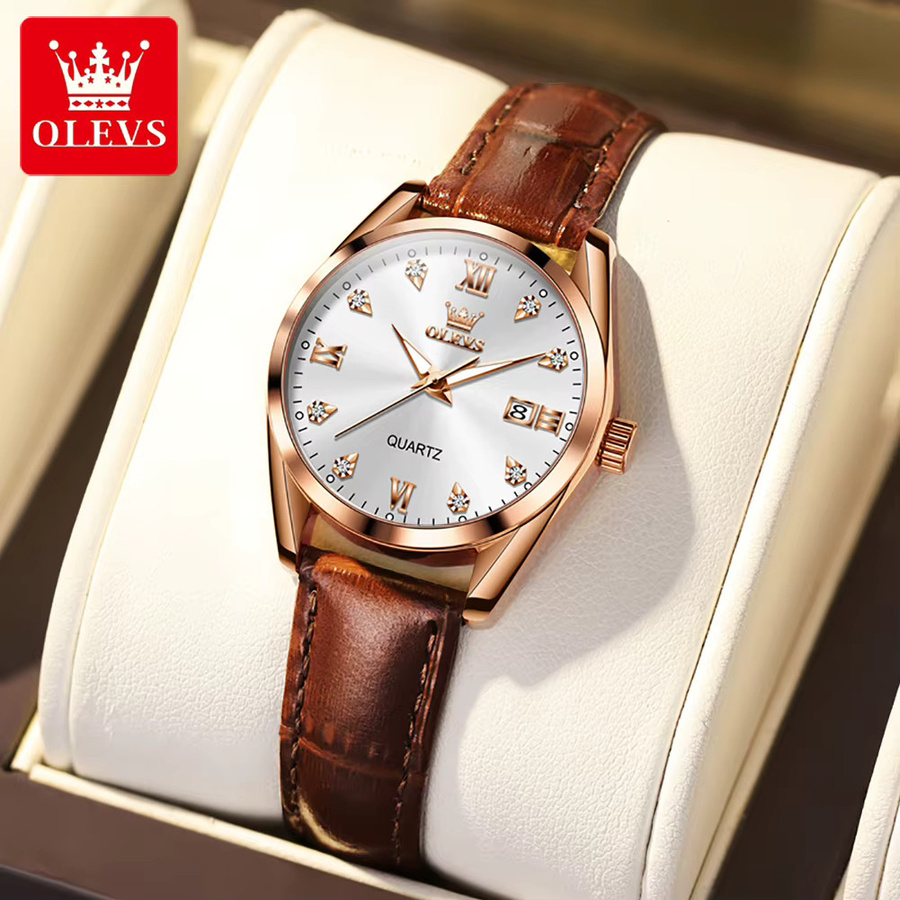 OLEVS Armbanduhr, Quarz, Leder, Diamant, Roségold, Damen - Bild 2