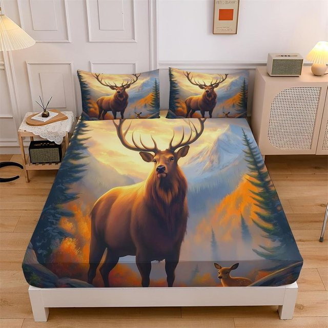 Binchi Fitness Spannbettlaken mit Elch und Hirsch Motiv, atmungsaktives Mikrofaser-Bettlaken für Kinder und Teenager, B/T: 90 x 200 cm, Multicolour - Bild 1