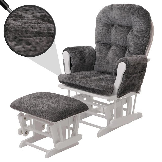 MCW Relaxsessel C76 Schaukelstuhl mit Hocker aus Chenille Stoff in Dunkelgrau und weißem Birkenholzgestell - Bild 1