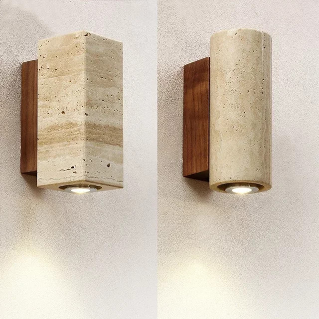 CHUBAN LED Wandleuchte im Wabi Sabi Design aus Travertin Stein in Gelb und Beige für Schlafzimmer, Wohnzimmer und Flur - Bild 1