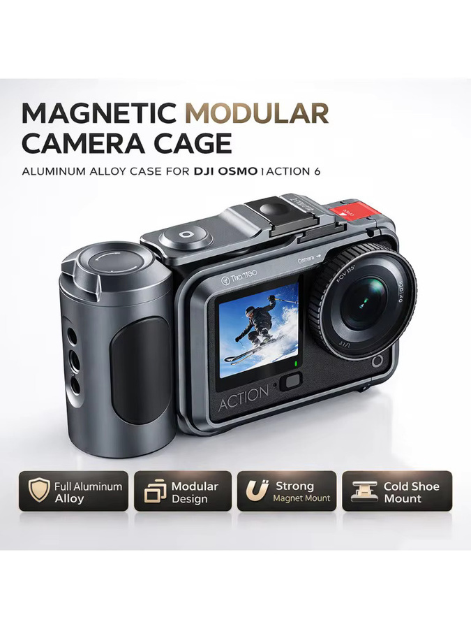 DJI Osmo Action 6 Aluminium Kamerakäfig mit magnetischer Halterung und modularem Gehäuse in Schwarz - Bild 3