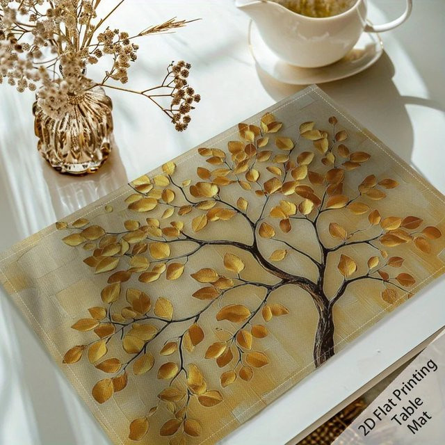 VIKAMA Luxuriöse Goldblatt-Tischsets aus Leinen in Gold, Waschbare und Rutschfeste Tischmatten mit Floralem Design für Party und Dekoration - Bild 1