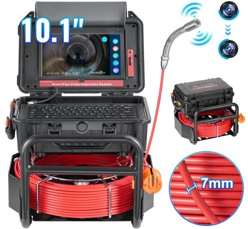 VEVOR Rohrinspektionskamera mit 50m Leitung, 25,7cm Touchscreen, 512Hz Transmitter, Distanzzähler und 12 LED-Lichtern in Schwarz - Bild 1
