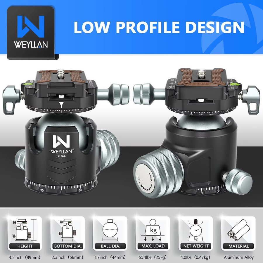 WEYLLAN RH44 Doppelter Panorama-Kugelkopf in Schwarz, CNC-gefertigt, 44 mm, für Stativ und Einbeinstativ mit einer maximalen Traglast von 25 kg - Bild 3