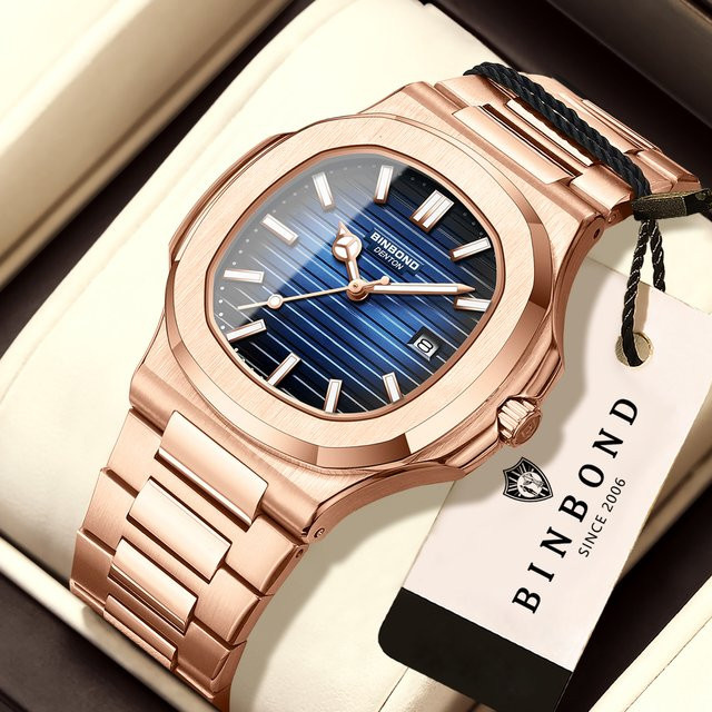 BINBOND Armbanduhr Quarz, Edelstahl, Blau, Roségold, Herren - Bild 1