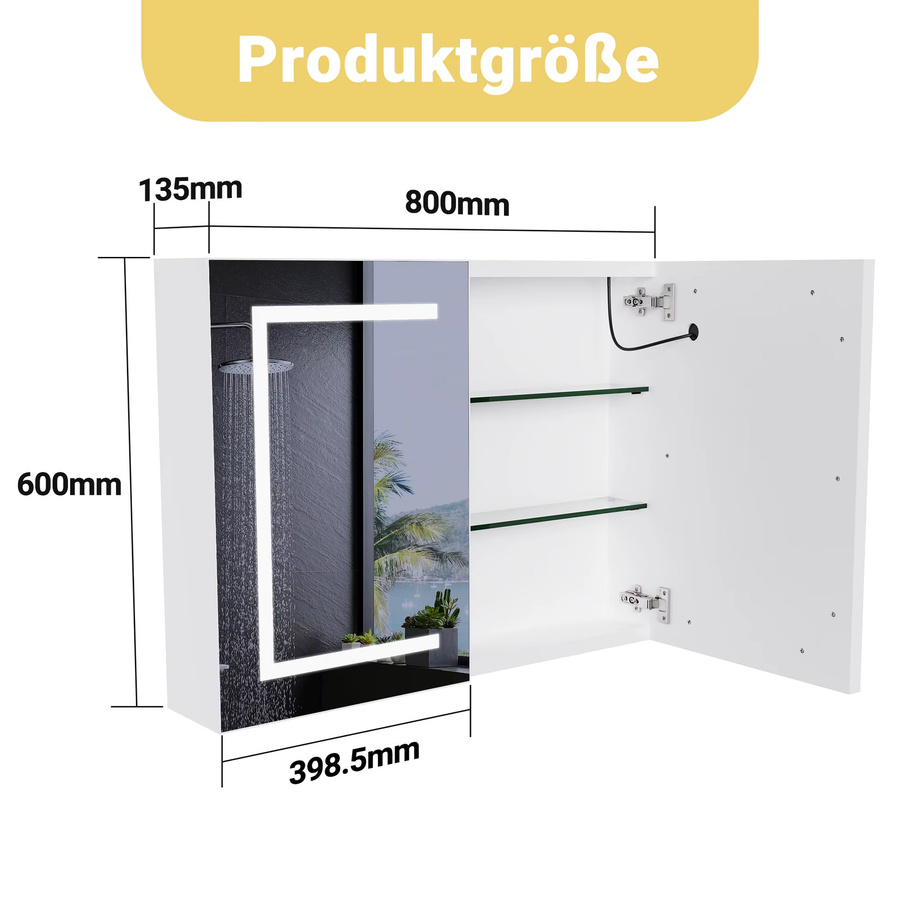 Rosahqnda Moderner Spiegelschrank für das Badezimmer mit LED-Beleuchtung, Wandmontage, Weiß, MDF und Glas - Bild 4