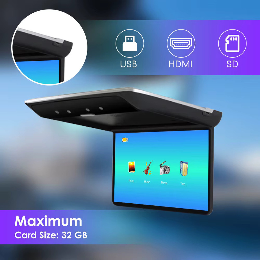 KUNFINE 14 Zoll Autodachmonitor mit 1080P HD-Bildschirm, Flip Down IPS-Display, MP5-Player, USB, SD, HDMI und FM in Schwarz oder Beige - Bild 3
