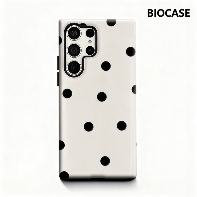 Handyhülle mit unregelmäßigen schwarzen Polka Dots für Samsung Galaxy S25 Ultra, S24 und S23 Ultra Plus in Schwarz-Weiß mit glänzender doppellagiger Rückseite - Bild 1