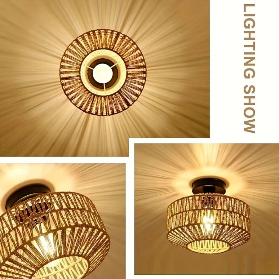 JOYINLED Handgefertigte böhmische Deckenleuchte aus Rattan in Schwarz und Holz-Optik - Bild 3