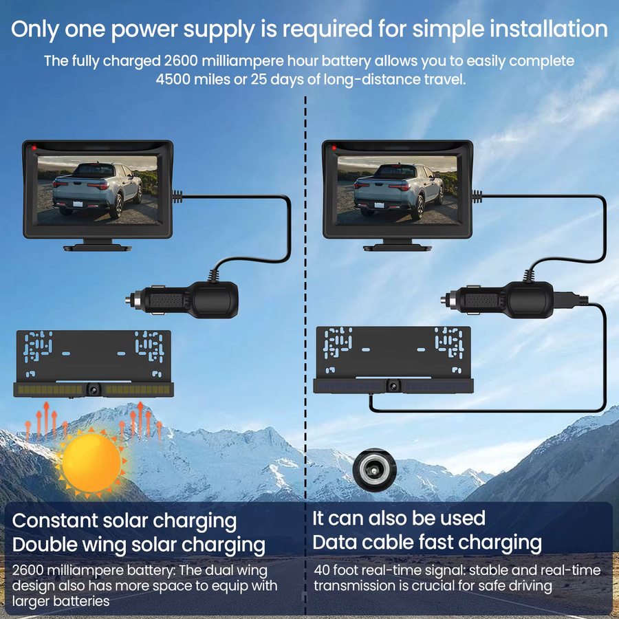 Lenovo Solarbetriebene Kabellose Rückfahrkamera mit Kennzeichenhalterung und 2600mAh Batterie, Schwarz, Universal für Autos und LKWs - Bild 3