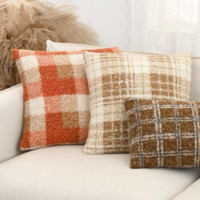 BUYNOW Plüsch Kissenbezug im britischen Vintage-Stil mit zweifarbigem Karomuster in Orange - Bild 1