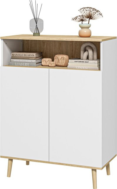 HOMCOM Sideboard Küchenschrank in skandinavischem Design mit 2 Türen und verstellbarem Regal, Weiß und Holzoptik, B/T/H: 80 x 38 x 102 cm - Bild 1