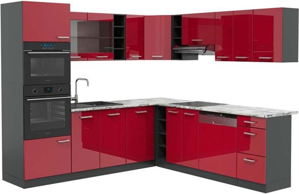Vicco Eckküche R-Line in Bordeaux Hochglanz und Anthrazit mit Marmor-Optik, B/T/H: 237 x 247 cm - Bild 1