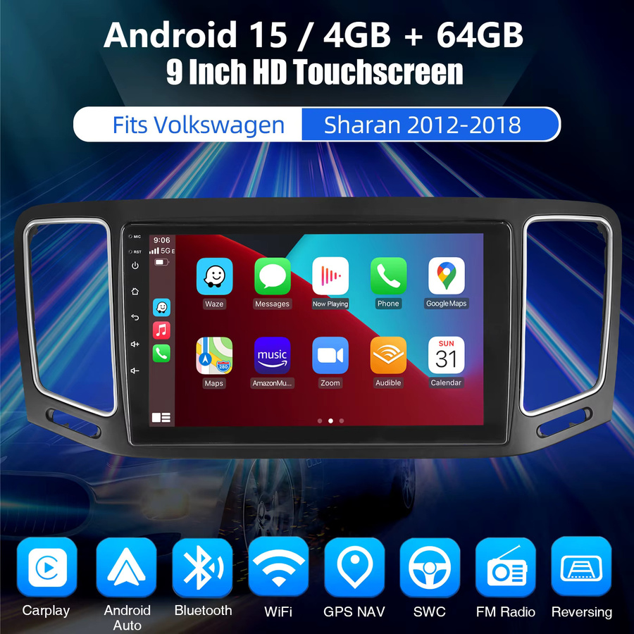 ESSGOO Android 15 Autoradio mit 9 Zoll Touchscreen, 4+64GB, CarPlay, GPS, Bluetooth und Mirror Link für VW Sharan 7N und Seat Alhambra II (2012-2018), Schwarz - Bild 2