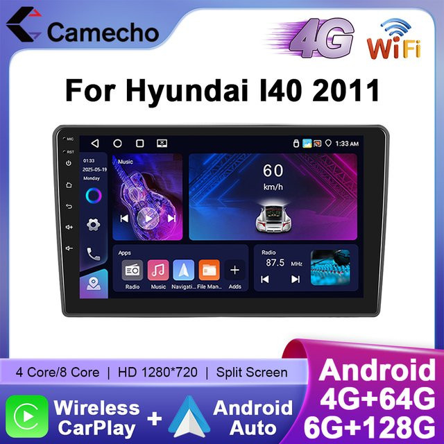 Camecho Multimedia Player für Hyundai I40 2011 mit Android Auto, Carplay, 128GB, 4G, WiFi, GPS und Sprachsteuerung in Schwarz - Bild 1