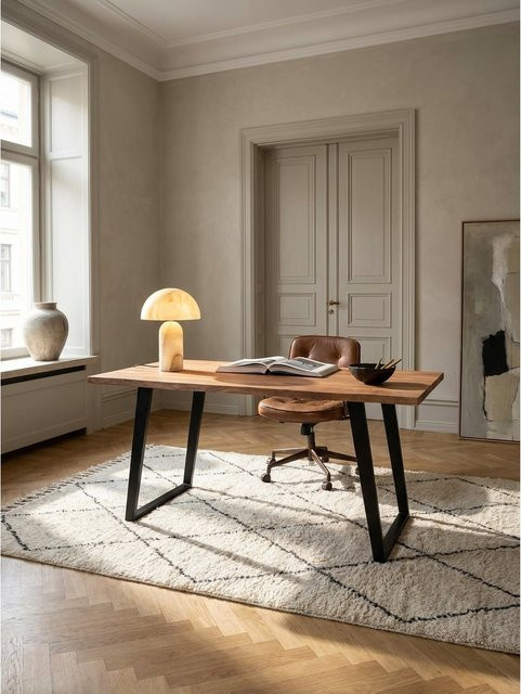 KADIMA DESIGN Schreibtisch aus Massivholz Akazie mit Baumkante und U-Gestell, braun, B/T/H: 140 x 80 x 76 cm - Bild 1