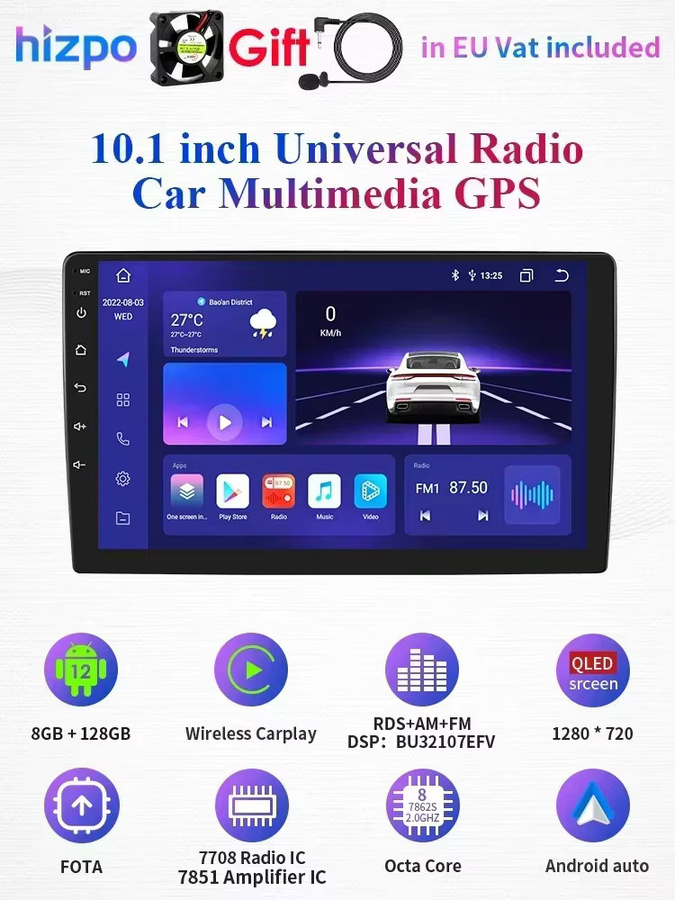 Hizpo Universal 2Din Android 13 Autoradio mit 10,1 Zoll Display, Carplay, 4G, WiFi, Bluetooth und GPS Navigation in Schwarz - Bild 5