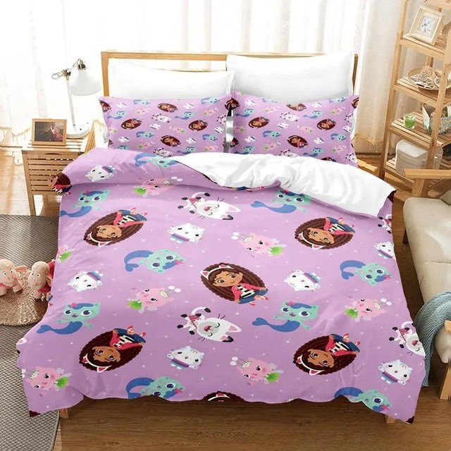 Wucifang Bags Bettwäsche-Set Gabbys Puppenhaus 3D Anime Design in Lila, bestehend aus Bettbezug und Kissenbezug, Breite: 70 cm, Länge: 133 cm - Bild 1