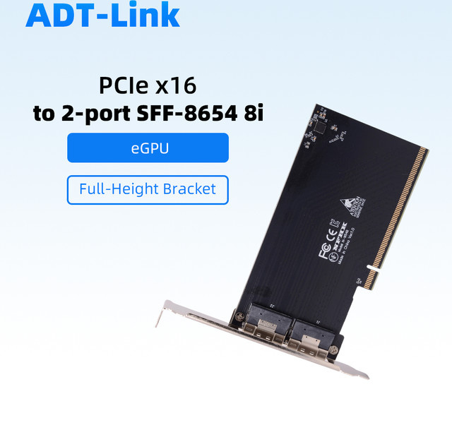ADT-Link PCIe x16 zu 2-Port SFF-8654 8i X8 Externe Grafikkarte EGPU-Adapterkarte in Schwarz - Bild 1