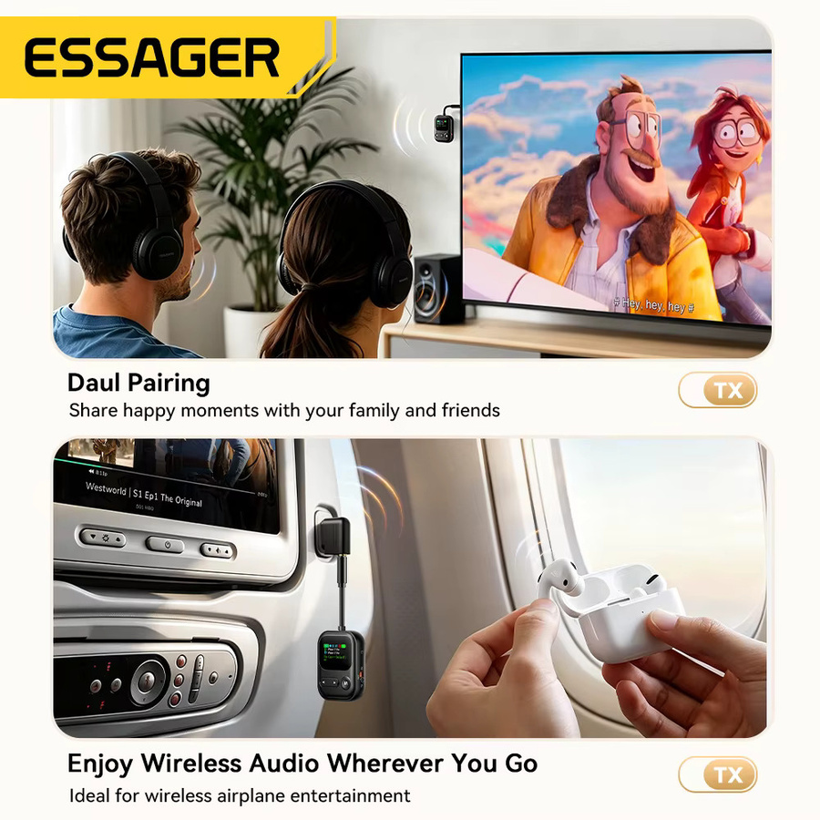 Essager Bluetooth 6.0 Sender und Empfänger 2-in-1 Adapter mit LED-Anzeige und Mikrofon in Schwarz für Autolautsprecher via 3,5 mm AUX - Bild 5