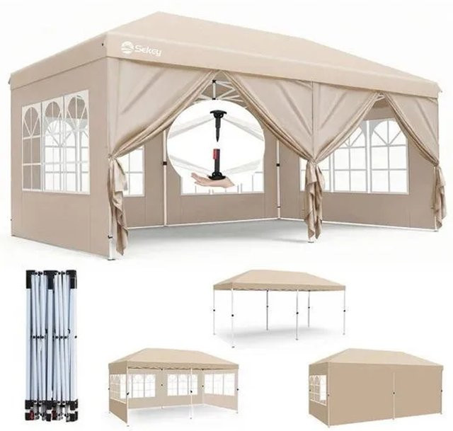 Sekey Faltpavillon mit 6 Seitenteilen in Taupe/Beige, wasserdicht und winterfest, B/T/H: 600 x 300 x 250 cm - Bild 1