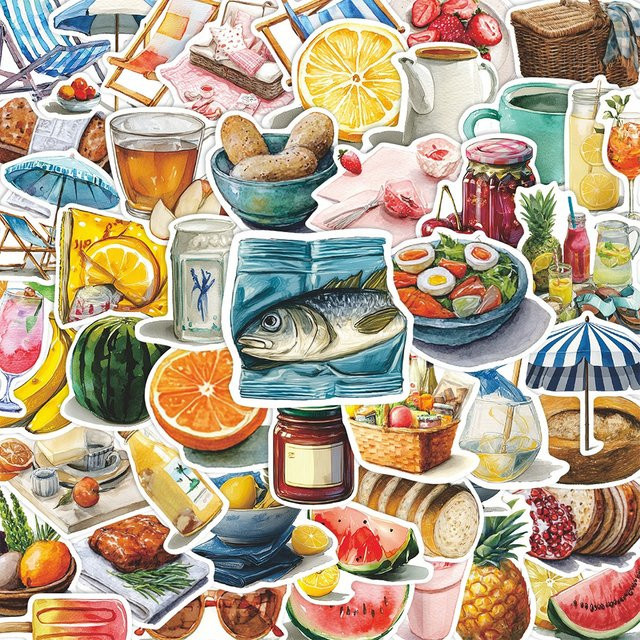 Rspctou Mediterrane Aquarell-Kunst-Sticker im Vintage-Cartoon-Stil, Mehrfarbig - Bild 1