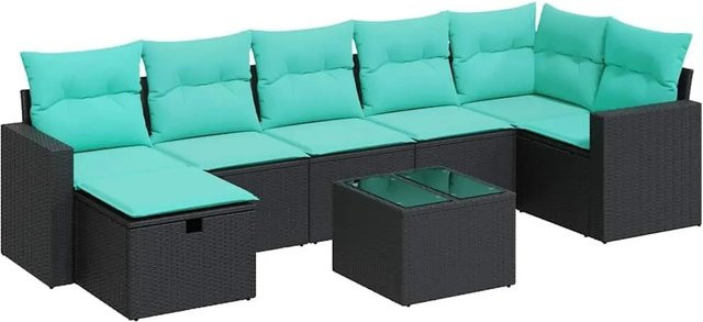 vidaXL 8-tlg. Garten-Sofagarnitur in L-Form aus schwarzem Poly-Rattan mit Kissen und pulverbeschichtetem Stahlgestell - Bild 1
