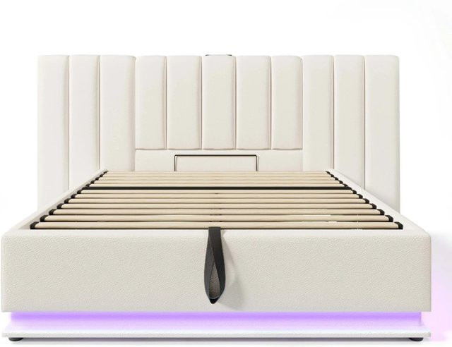okwish Polsterbett Weiß mit LED-Unterbettbeleuchtung, USB-Anschluss und Stauraum, B/T/H: 160 x 200 x 112 cm - Bild 1