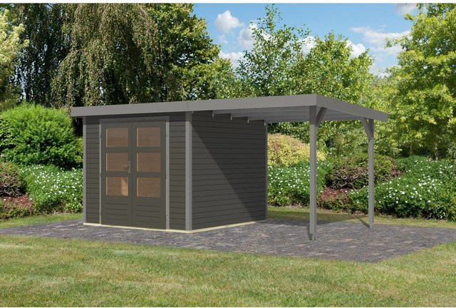Karibu Gartenhaus Ernesto mit Anbaudach in Terragrau/Grau, B: 209 cm, T: 238 cm, H: 242 cm - Bild 1