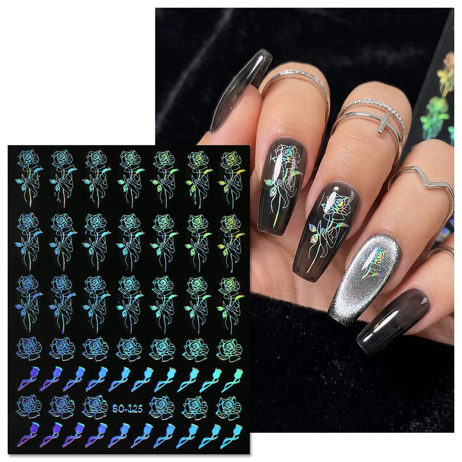 QIANJIKU Nagelaufkleber Rosen Holografisch, 6 Stück, Weiss, Schimmernd - Bild 3
