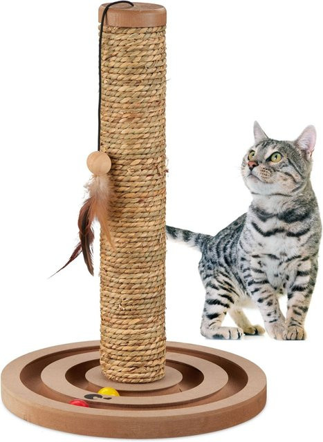 Relaxdays Kratzsäule für Katzen aus Seegras und MDF in Braun mit integriertem Spielzeug, Höhe: 45 cm, Breite: 30 cm, Tiefe: 30 cm - Bild 1