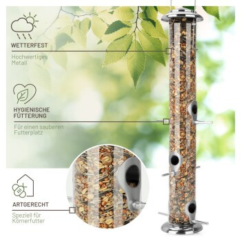 Wildtier Liebe Futtersäule für Samen, Körner und Kerne aus Edelstahl und Kunststoff, Silber, Höhe: 52 cm - Bild 2