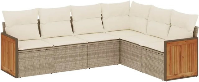 vidaXL 6-teilige Garten-Sofagarnitur aus Poly-Rattan und Akazienholz in Beige mit Kissen und L-Form - Bild 1