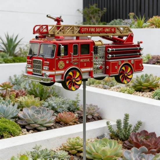 Logiful Feuerwehr-Gartenwindspiel aus Metall in Rot mit Erdspieß - Bild 3