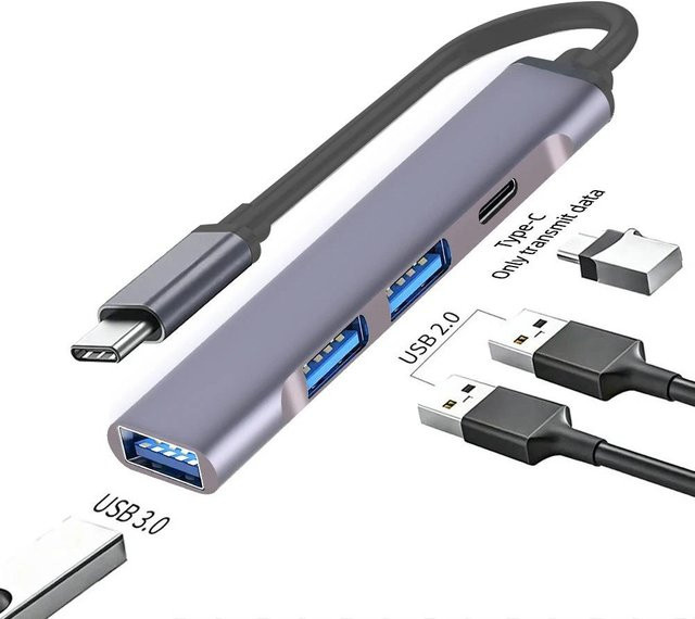 Kebidumei USB C Hub mit 4 USB 3.0 Ports, OTG Adapter Typ C Docking Station mit 5Gbps Datenübertragung, Grau - Bild 1