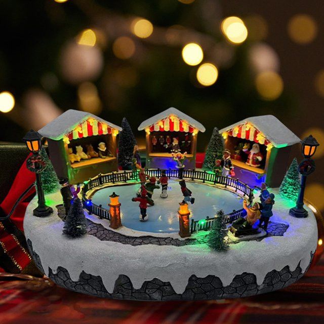 Kesoto Skating Christmas Village Harz mit animierter Eisbahn, Weihnachtsmarktszene, LED-Leuchten und Musik zur Tischdekoration - Bild 1
