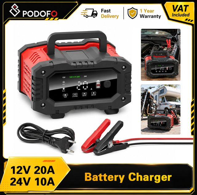 Podofo Vollautomatisches Smart-Batterieladegerät 12V 24V mit 7-Stufen-Ladung und Pulsreparatur für Auto, Motorrad, LKW und Wohnmobil - Bild 1