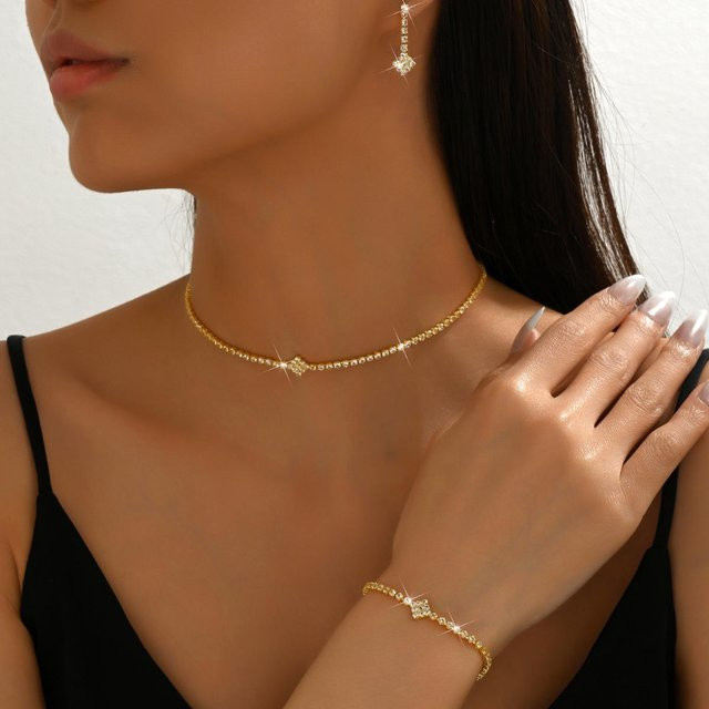 Halskette, Ohrstecker, Armband, Silber, Gold, Schwarz, Damen, Zirkonia - Bild 1