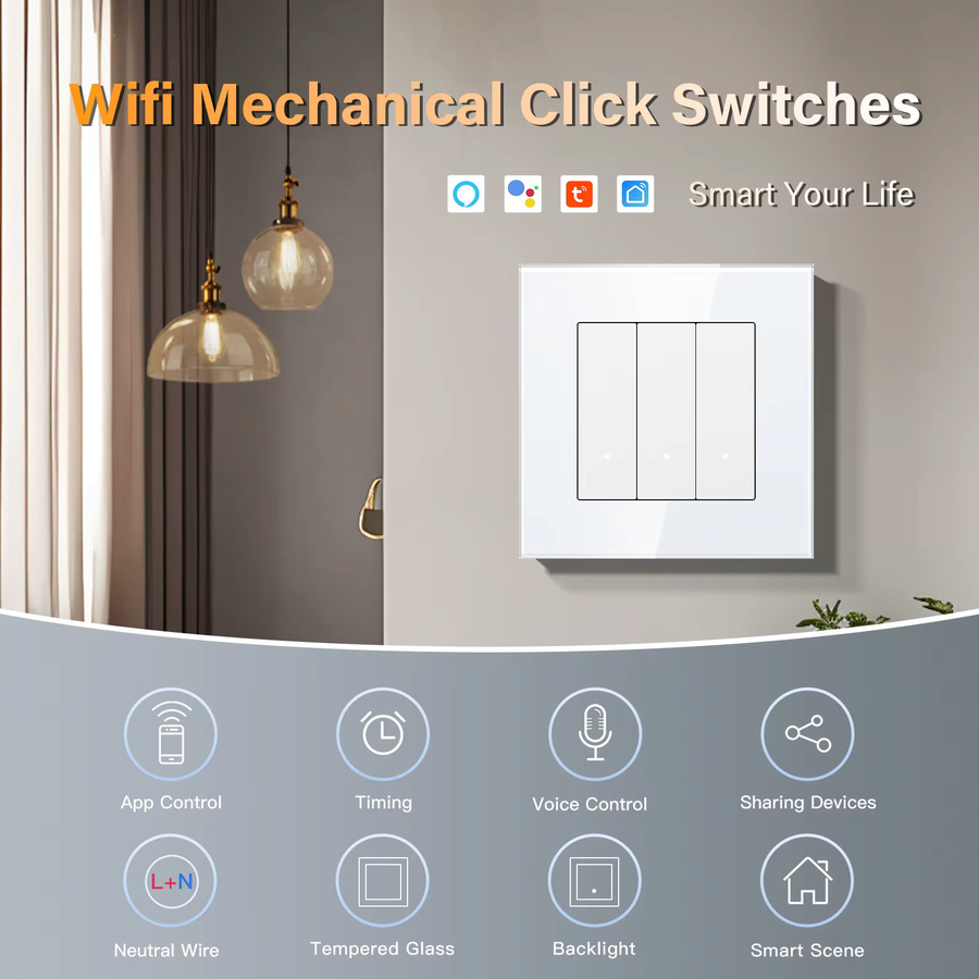 Bseed WLAN Smart Schalter mit Neutralleiter, moderner Lichtschalter mit Glasrahmen, Tuya Smart Life Steuerung, Weiß - Bild 2
