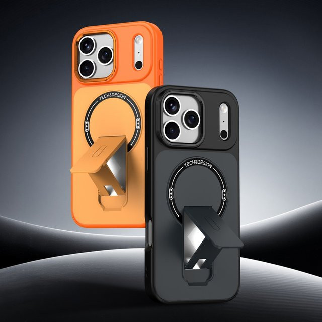 Magnetische MagSafe Klapphalterung und stoßfeste Schutzhülle für iPhone 17 16 15 14 13 Pro Max in Schwarz und Orange - Bild 1