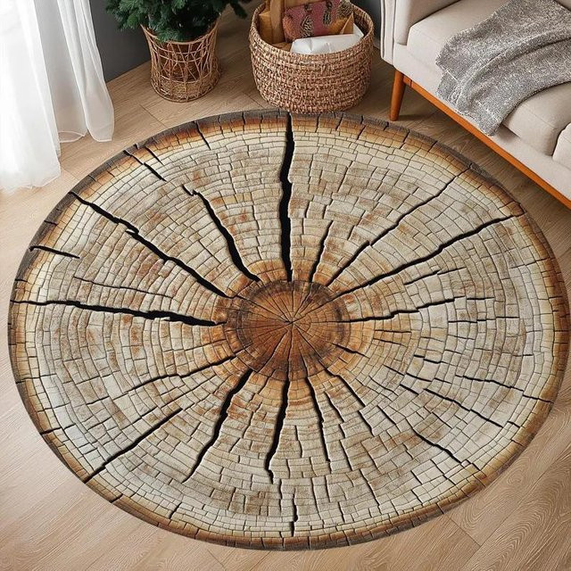 Runder Teppich mit Natur-Baumring-Design von Wucifang Jewelry in Grau, Durchmesser: 40 cm - Bild 1